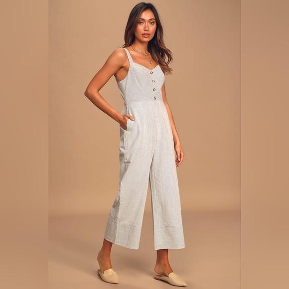 Lulus Pants - White Striped Jumpsuit